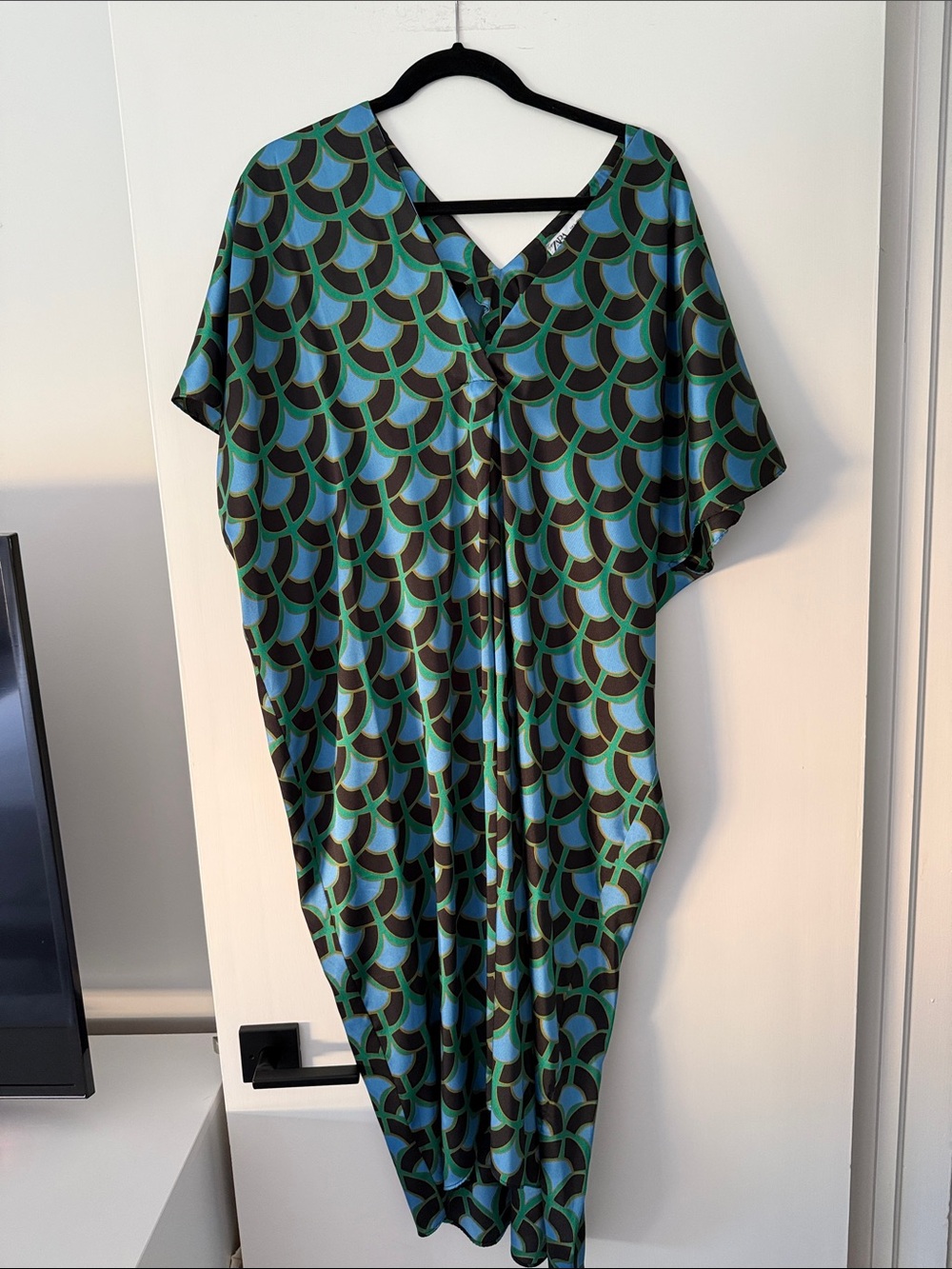 Zara Blue and Green Geometric V-Neck Caftan Dress